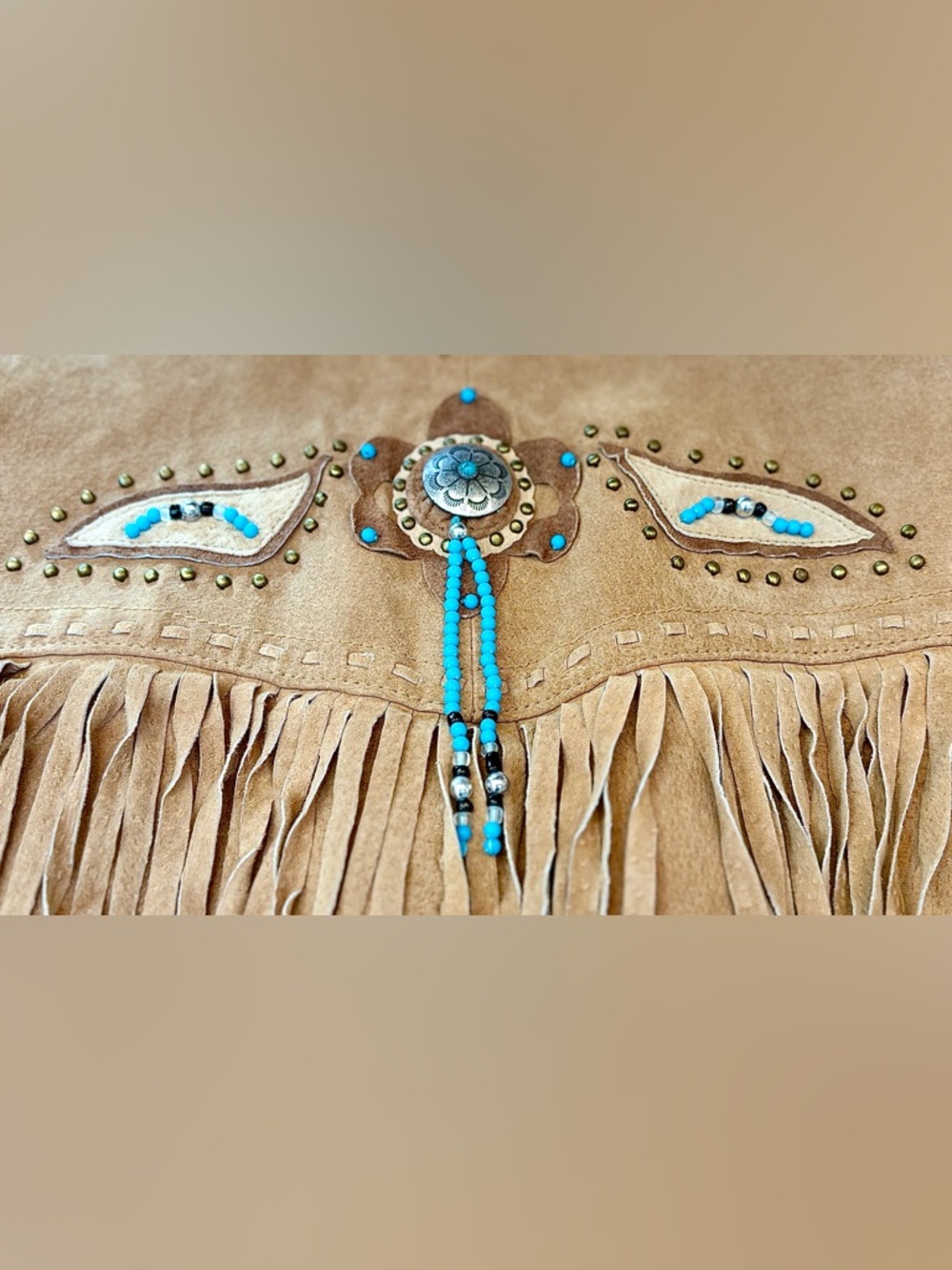 Via Accenti Fringe Suede Western Jacket in Tan with Turquoise & Beads, 22W - Picture 8 of 12
